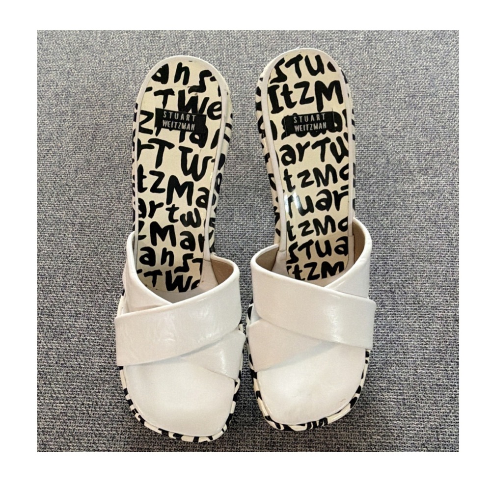 Stuart Weitzman White Black Leather Graffiti Slide Sandals Straps Women'sโ 5.5 B